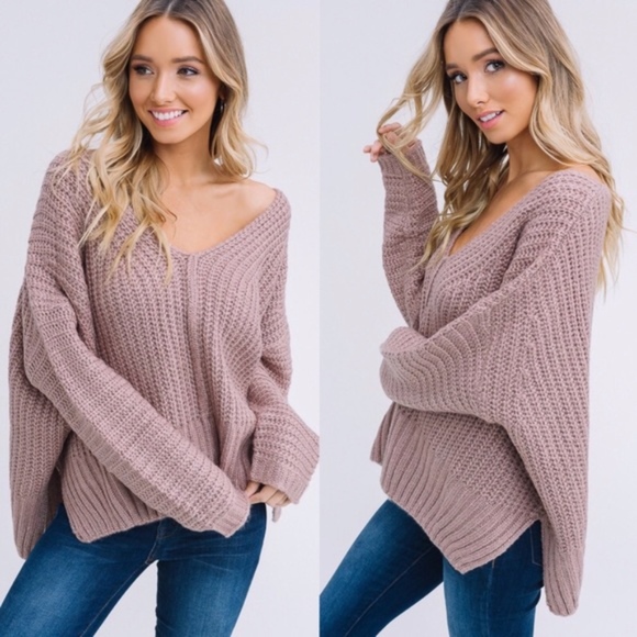 Cozy Mocha V neck Oversized Sweater Top - Picture 3 of 4